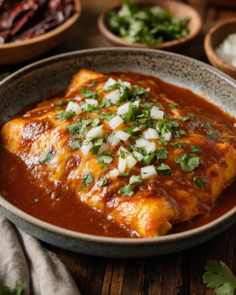 Tex-Mex chile gravy poured over a cheese enchilada