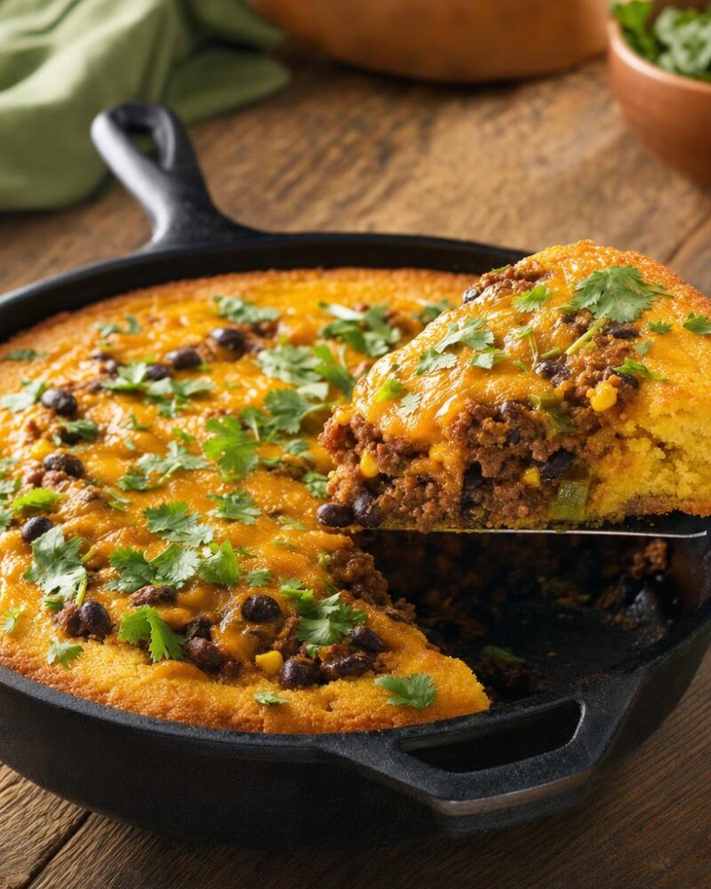 Tex-Mex cornbread casserole with ground beef, beans, corn and melted cheese