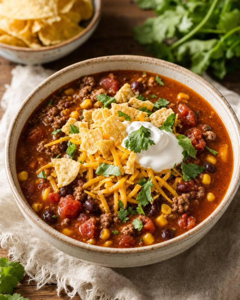 Tex-Mex taco soup with ground beef, beans, corn, cheese and tortilla chips
