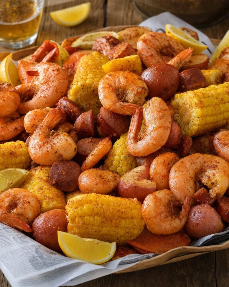 Texas Gulf Shrimp Boil - platter of shrimp, potatoes, corn and sausage