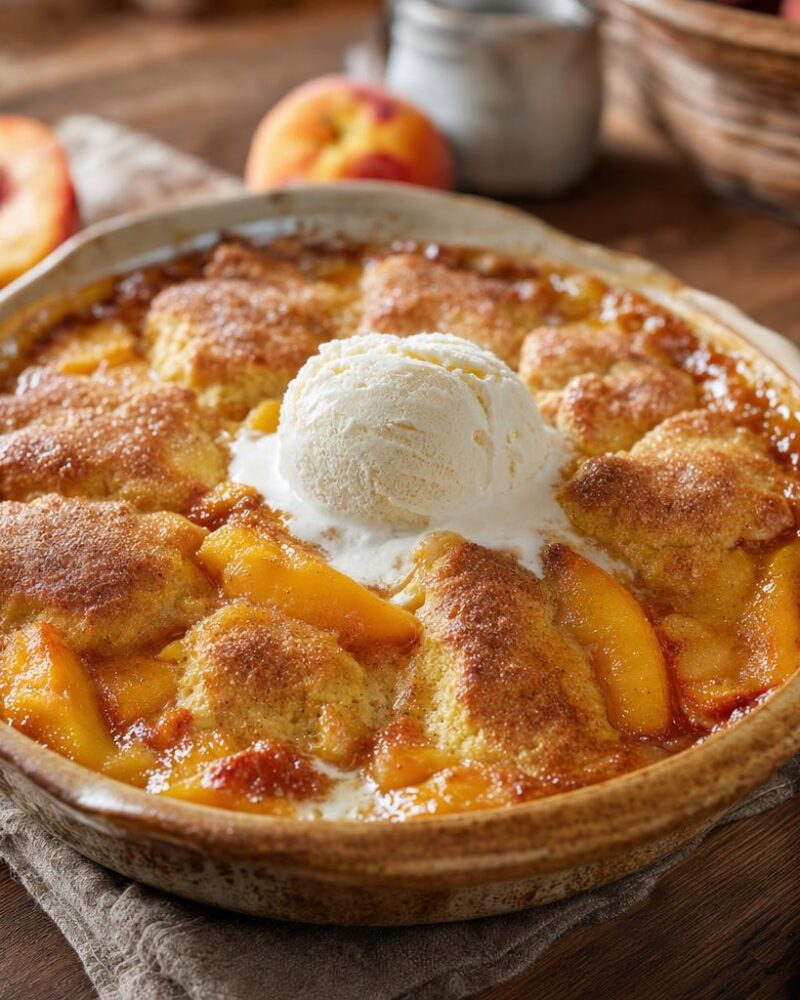 Texas Peach Cobbler - peach cobbler with vanilla ice cream