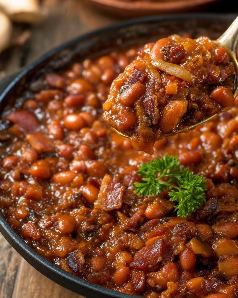 Texas Style Baked Beans - smoky baked beans with bacon in a cast-iron skillet