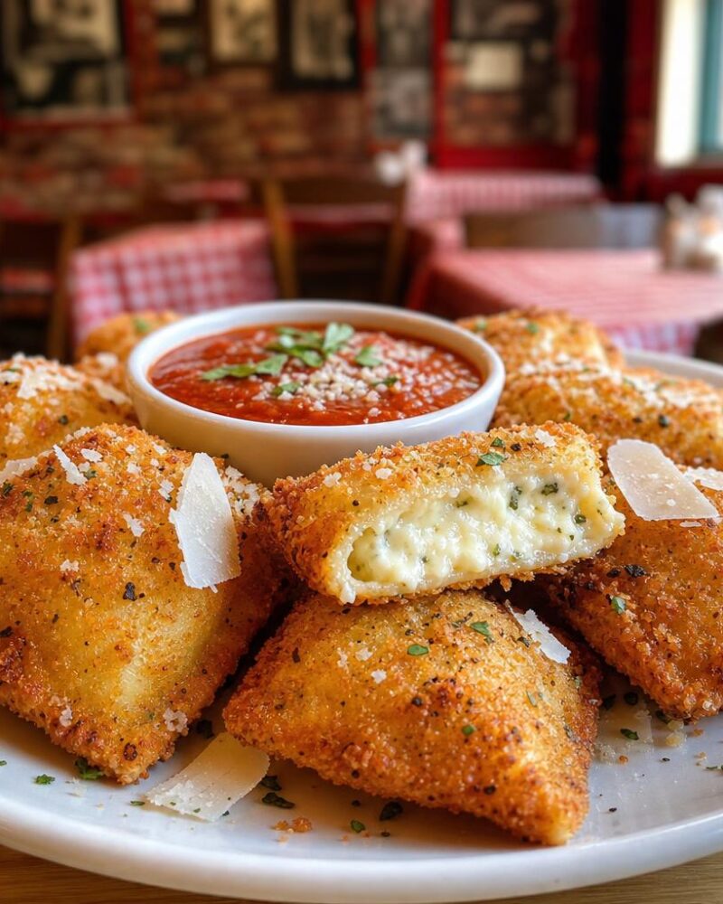 Crispy breaded toasted ravioli with marinara dipping sauce