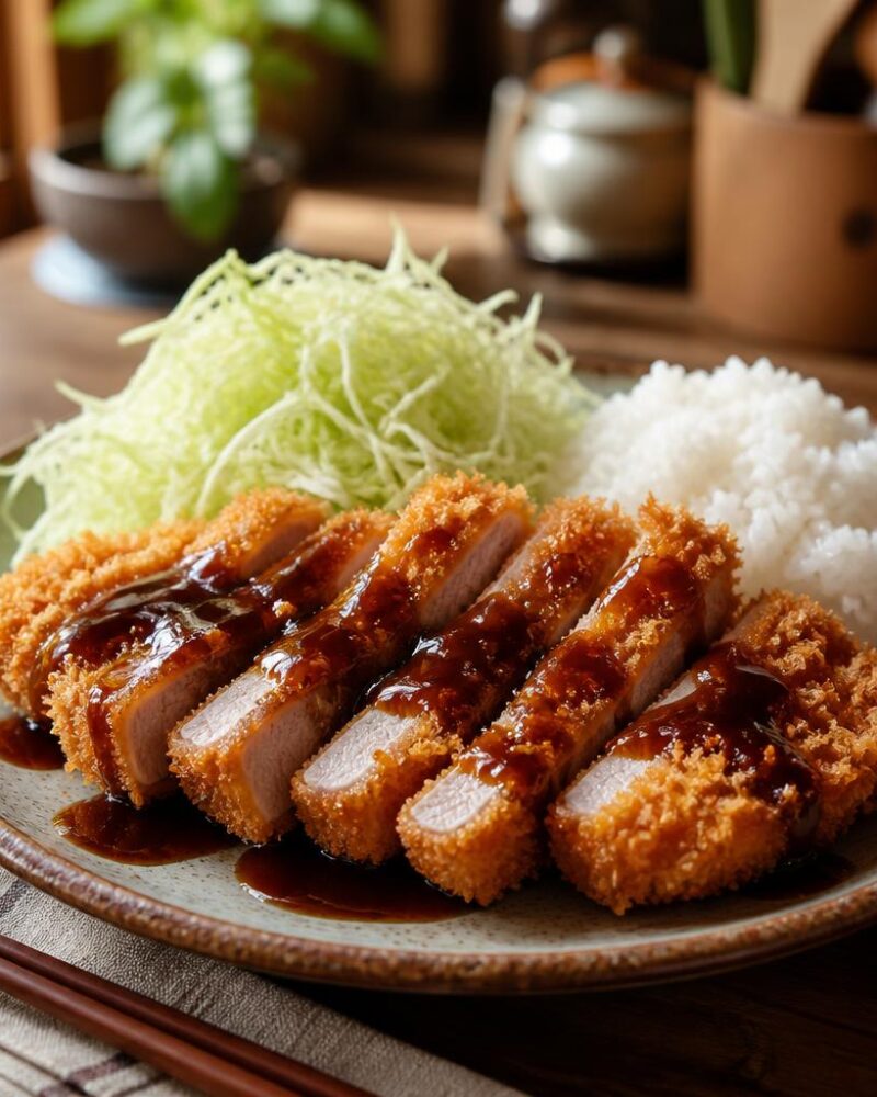 Tonkatsu (breaded pork cutlet) with tonkatsu sauce and cabbage