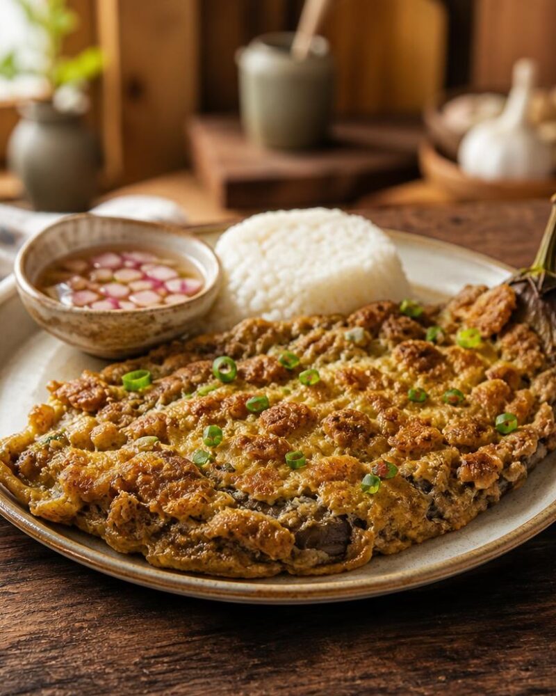 Tortang Talong — golden fried eggplant omelet with ground pork and vinegar dip