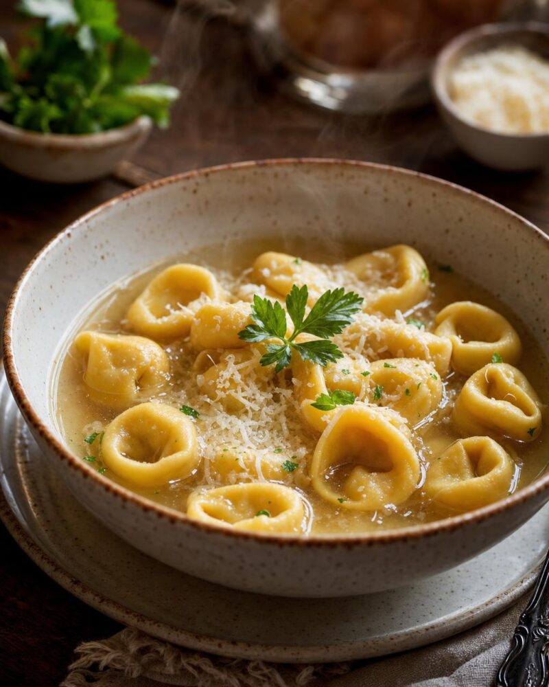 Tortellini in Brodo - pork and parmesan stuffed pasta rings in golden broth