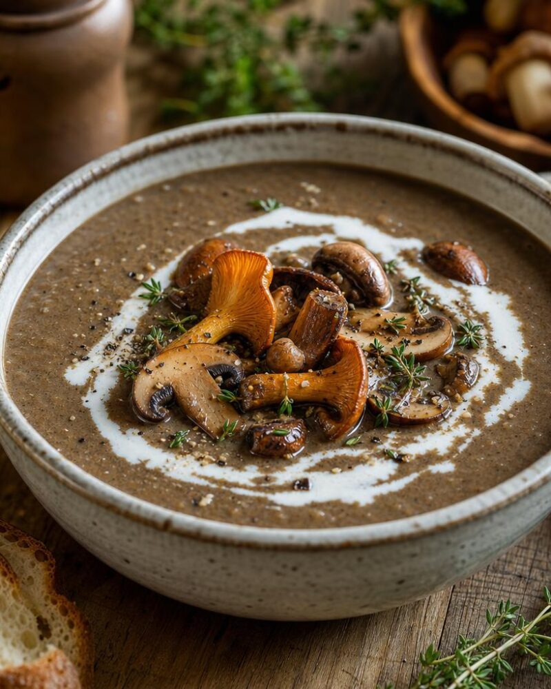 Earthy wild mushroom soup with sautéed chanterelles and cream