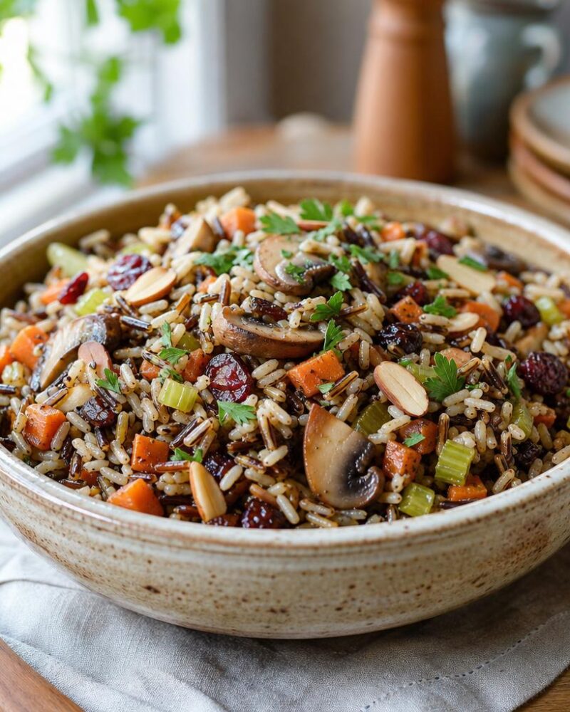 Wild rice pilaf with mushrooms, cranberries and toasted almonds