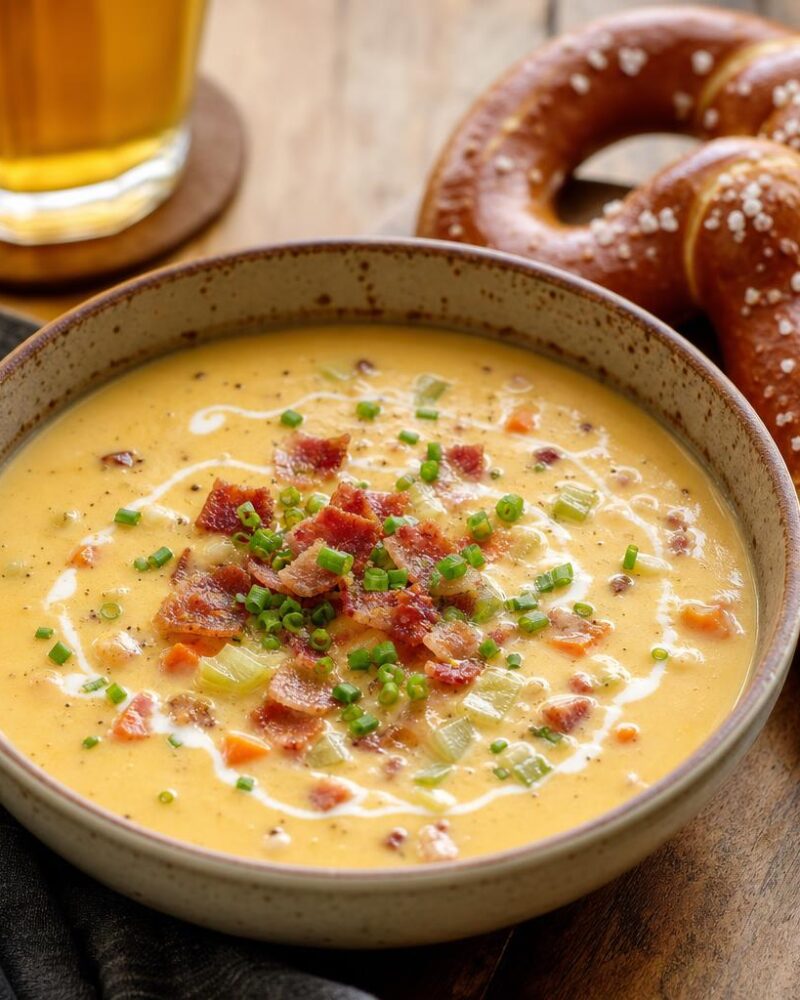 Velvety beer cheese soup with bacon and a soft pretzel