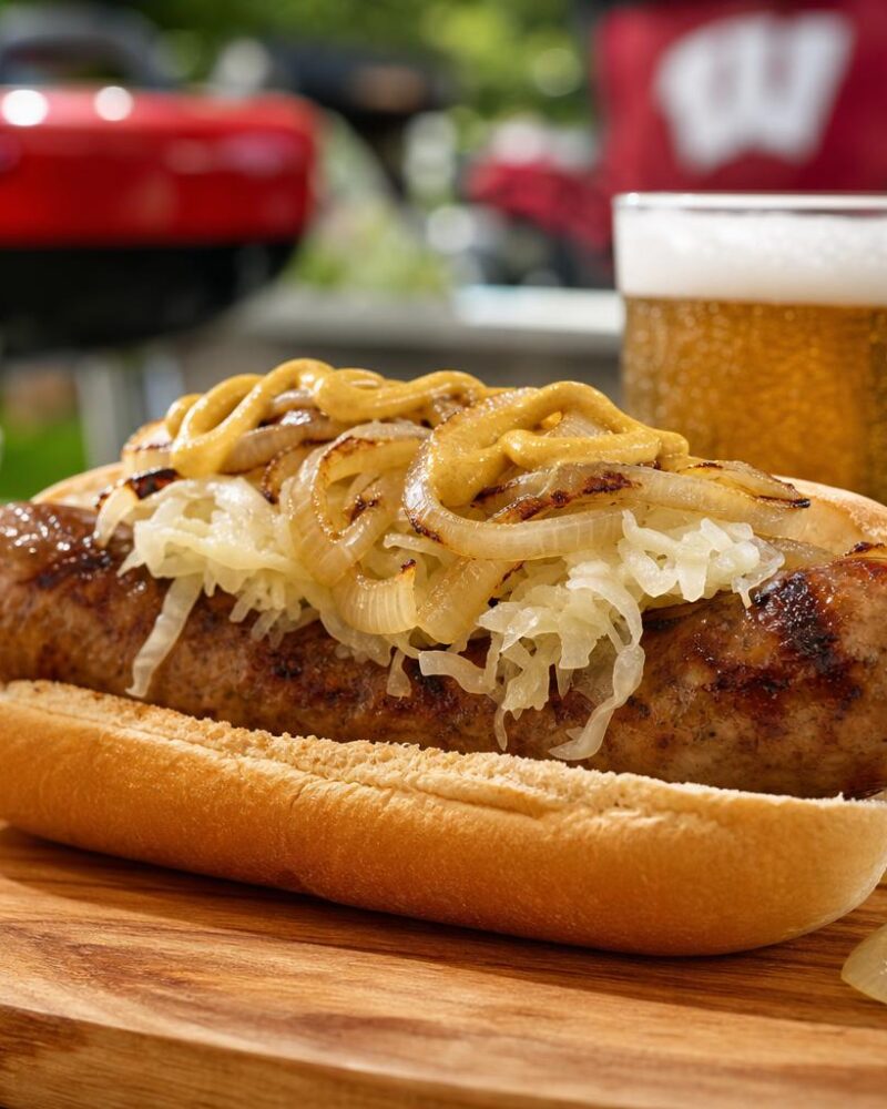 Grilled Wisconsin bratwurst with sauerkraut and grilled onions