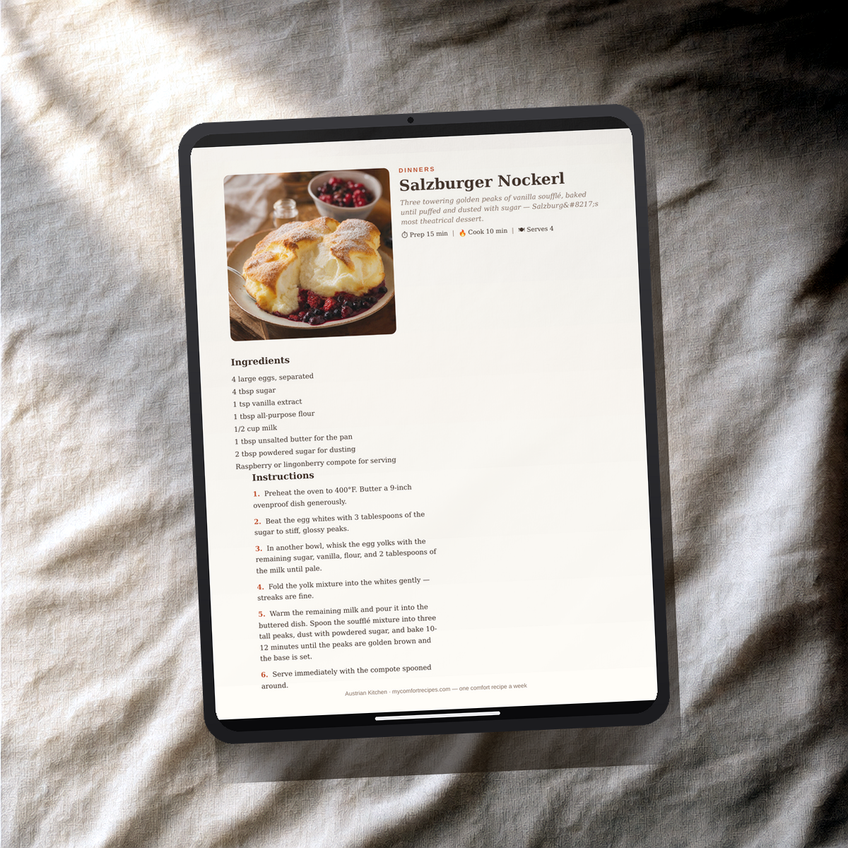Austrian Kitchen PDF recipe book — Salzburger Nockerl recipe on a tablet