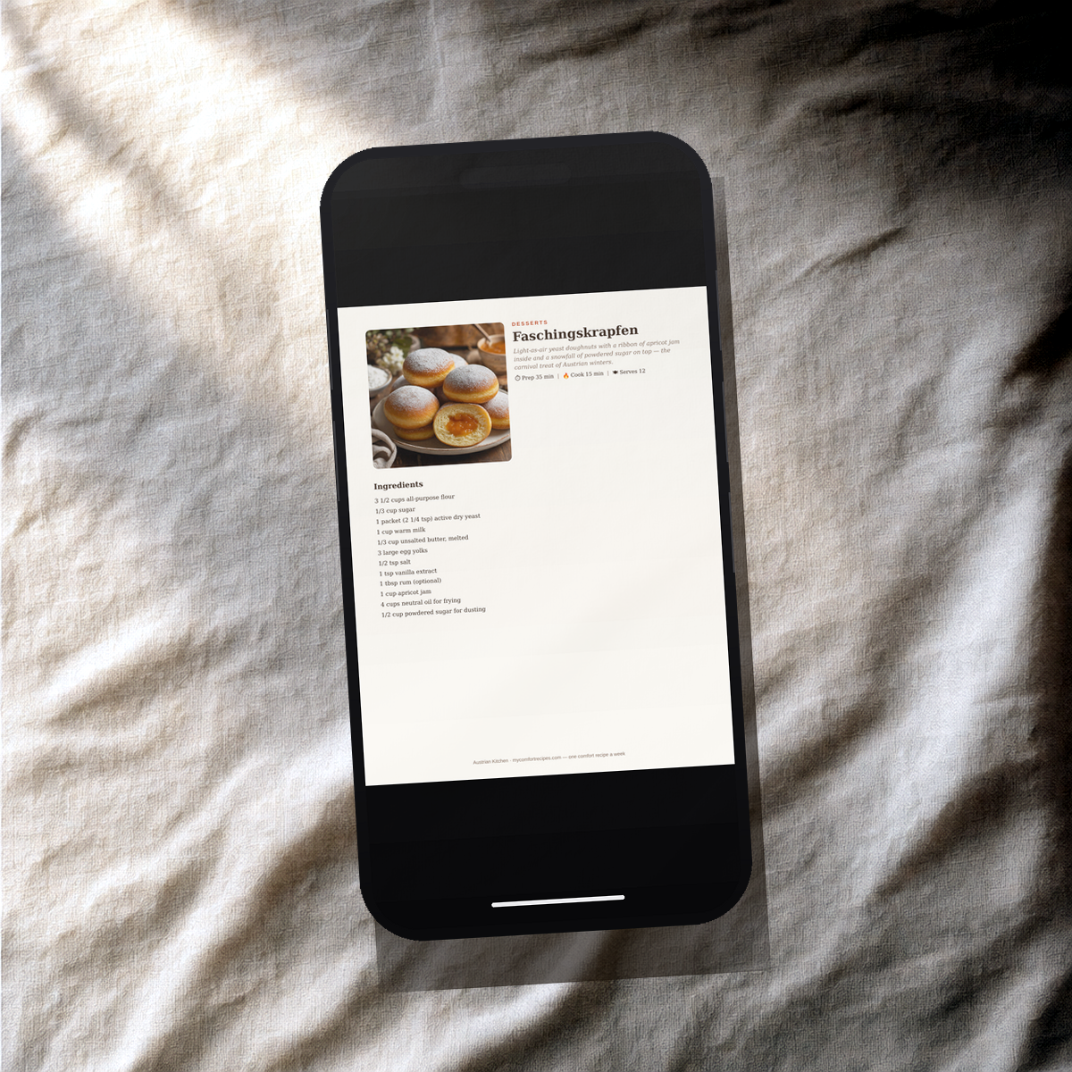 Austrian Kitchen PDF recipe book — Faschingskrapfen recipe on a smartphone