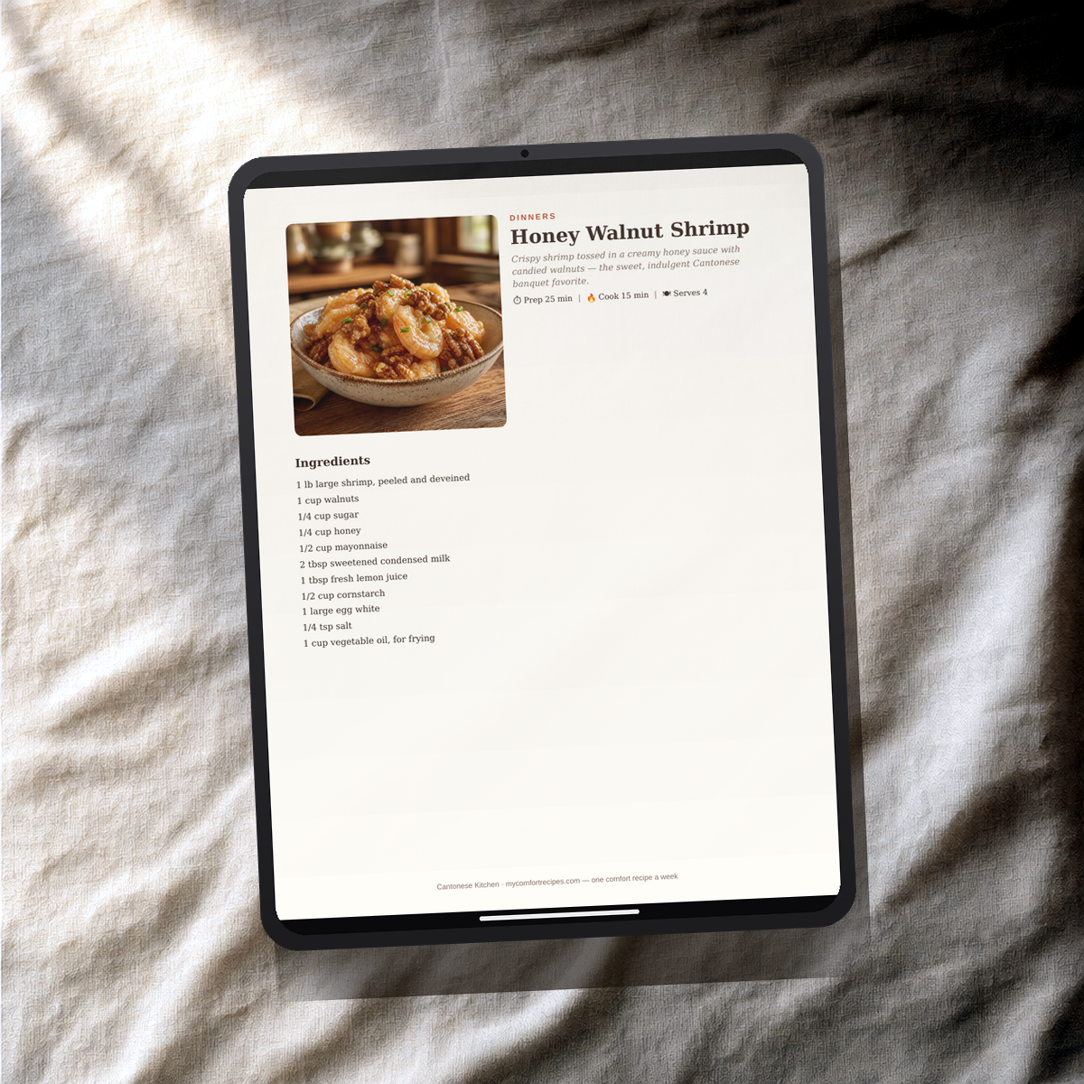 Cantonese Kitchen PDF recipe book — Honey Walnut Shrimp recipe on a tablet