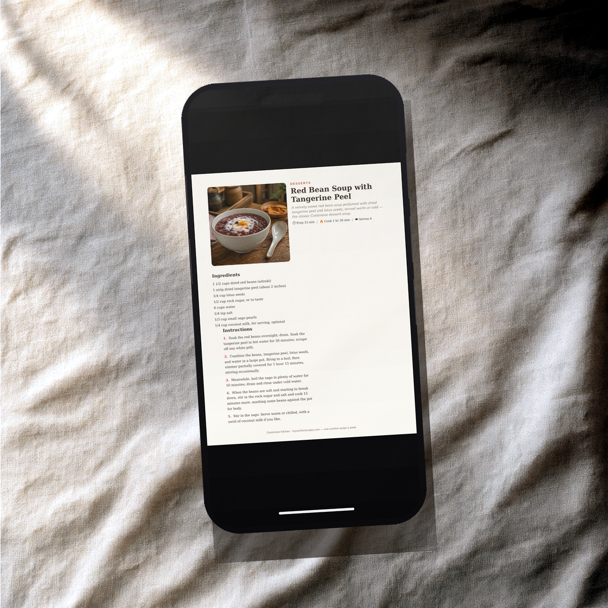 Cantonese Kitchen PDF recipe book — Red Bean Soup with recipe on a smartphone