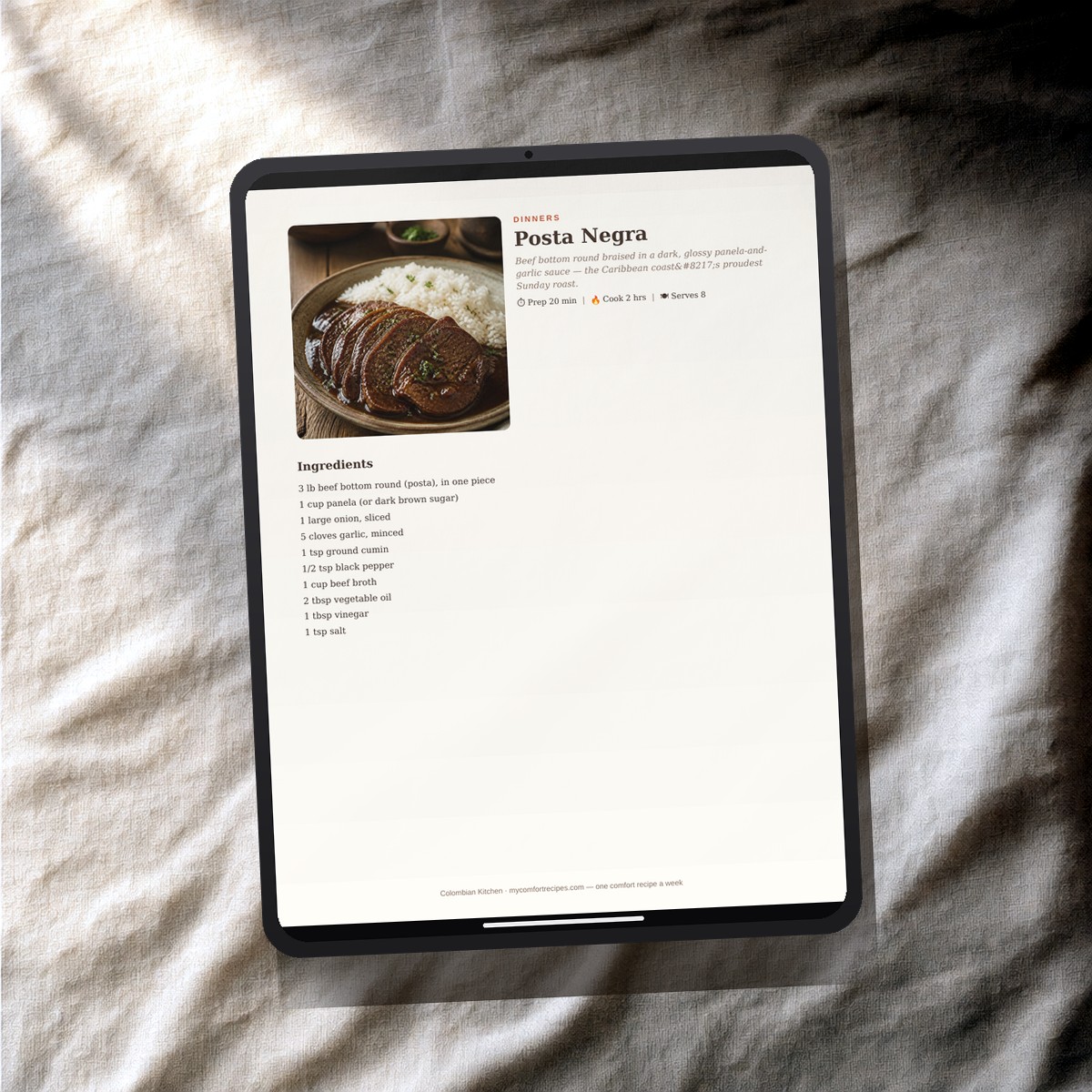 Colombian Kitchen PDF recipe book — Posta Negra recipe on a tablet