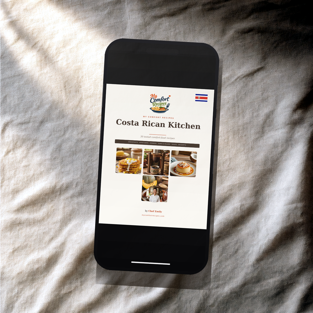 Costa Rican Kitchen PDF recipe book — cover on a smartphone