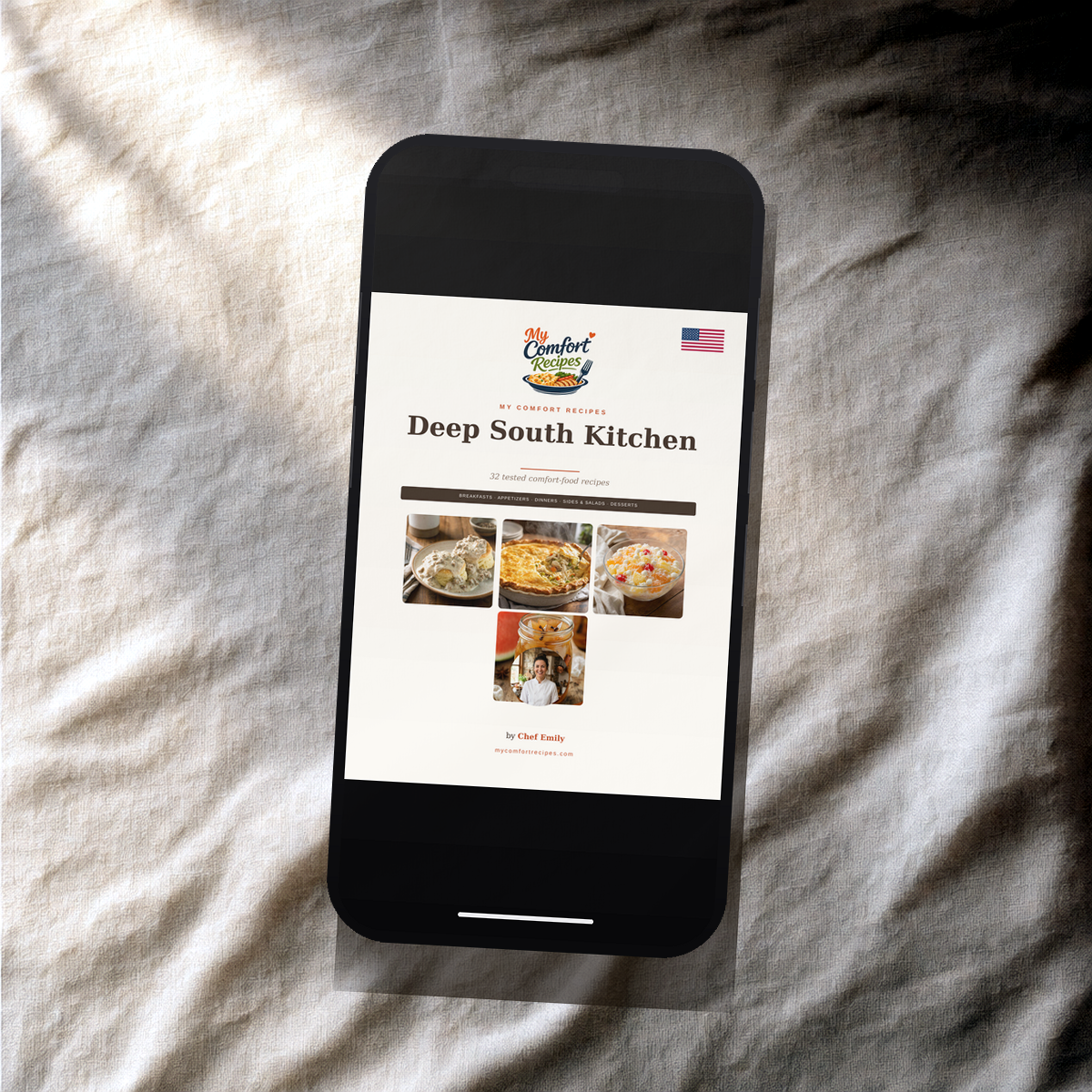 Deep South Kitchen PDF recipe book — cover on a smartphone