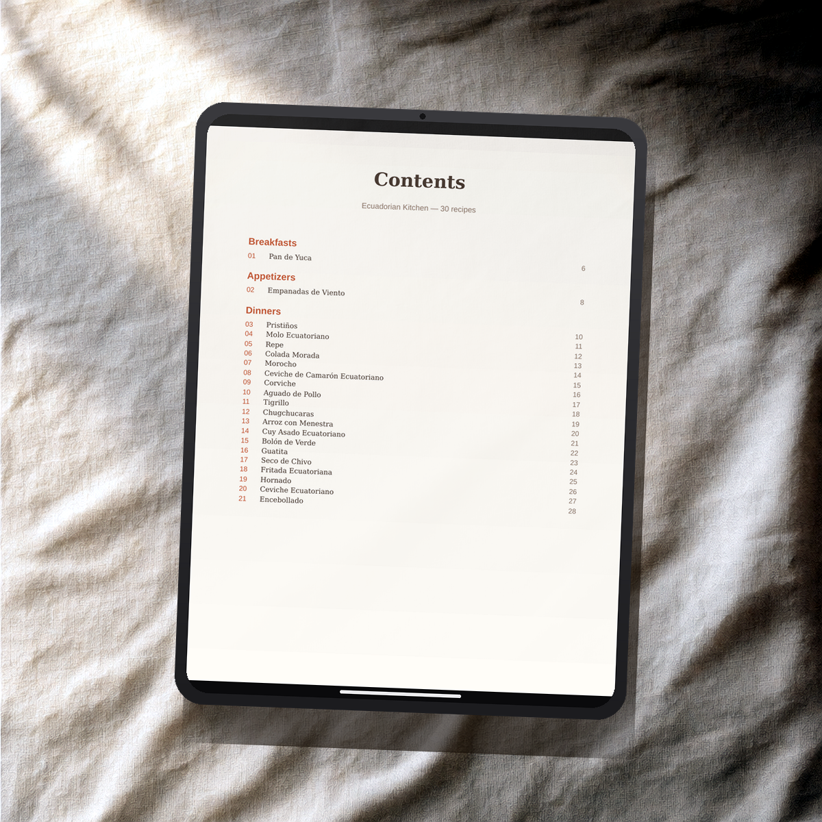 Ecuadorian Kitchen PDF recipe book — contents page on a tablet