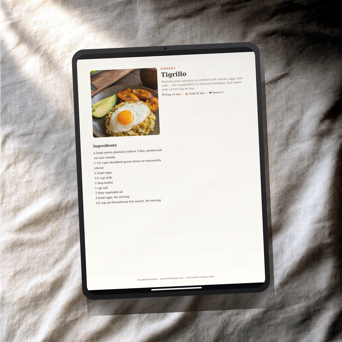 Ecuadorian Kitchen PDF recipe book — Tigrillo recipe on a tablet