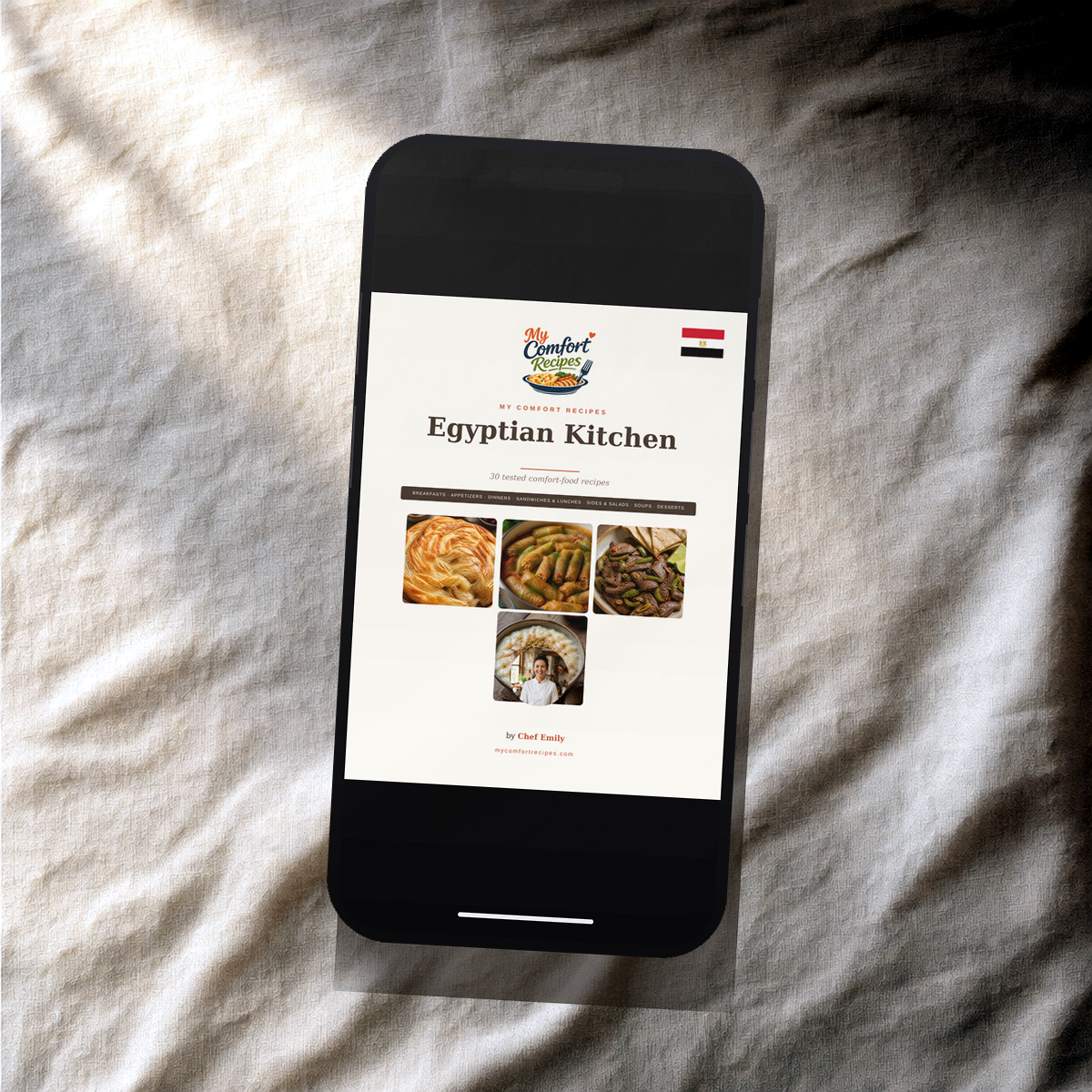 Egyptian Kitchen PDF recipe book — cover on a smartphone