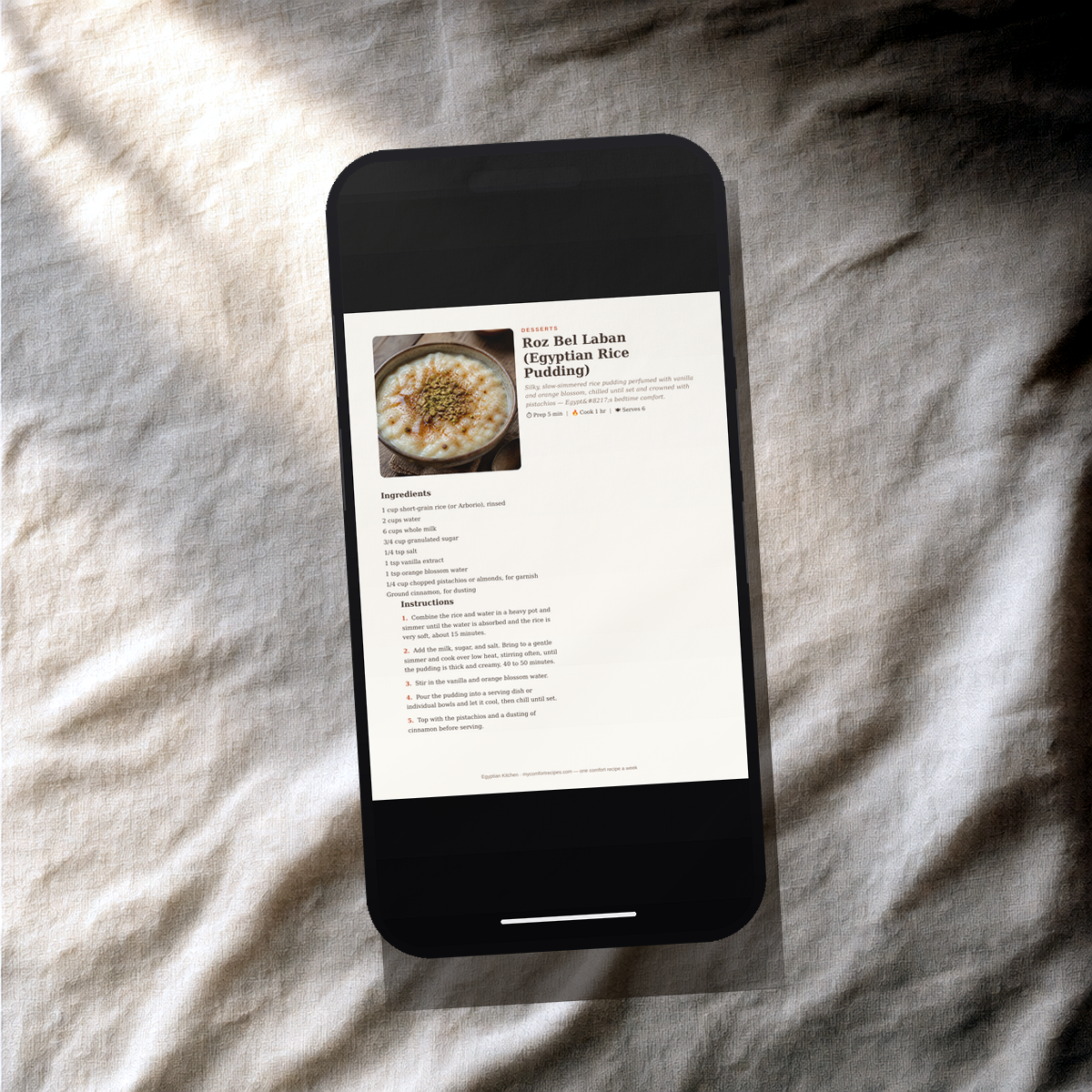 Egyptian Kitchen PDF recipe book — Roz Bel Laban recipe on a smartphone
