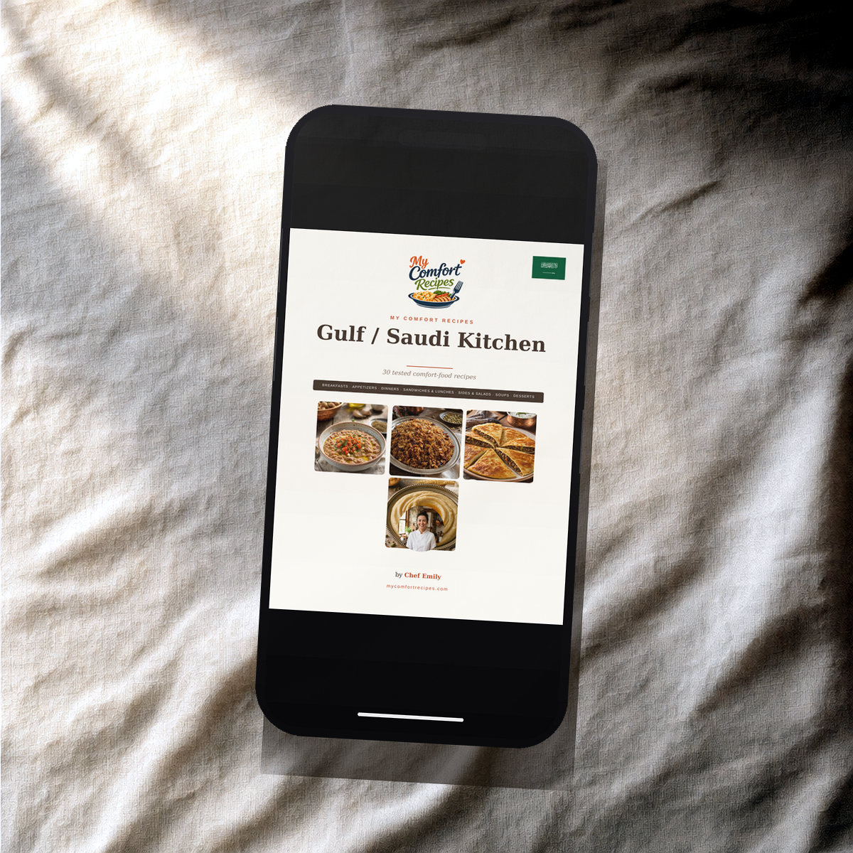 Gulf / Saudi Kitchen PDF recipe book — cover on a smartphone