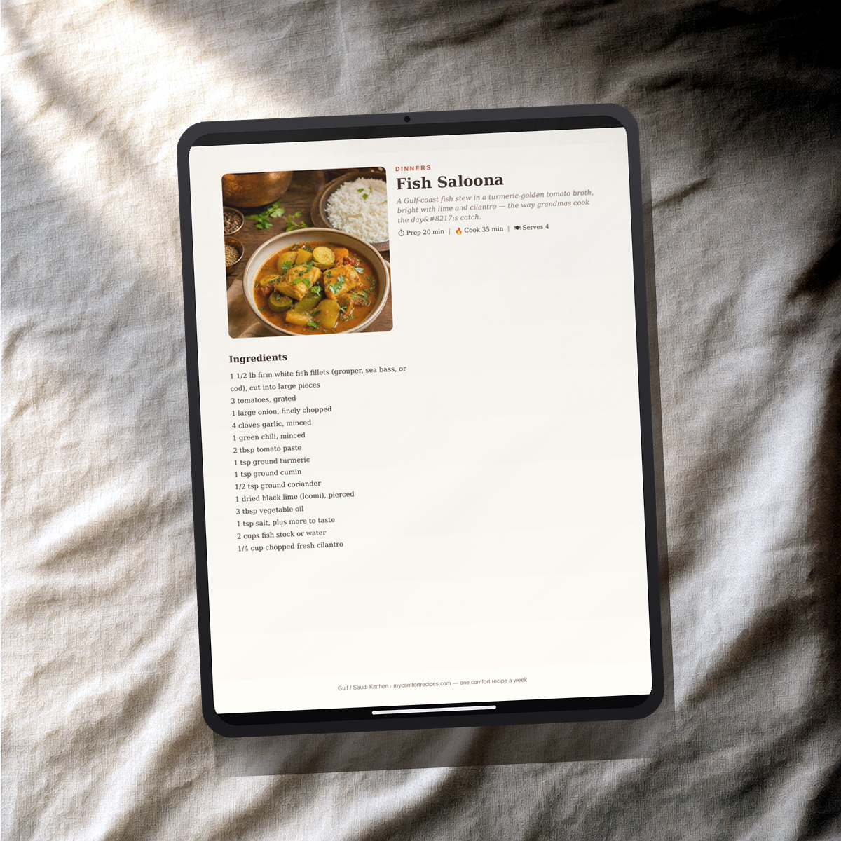 Gulf / Saudi Kitchen PDF recipe book — Fish Saloona recipe on a tablet