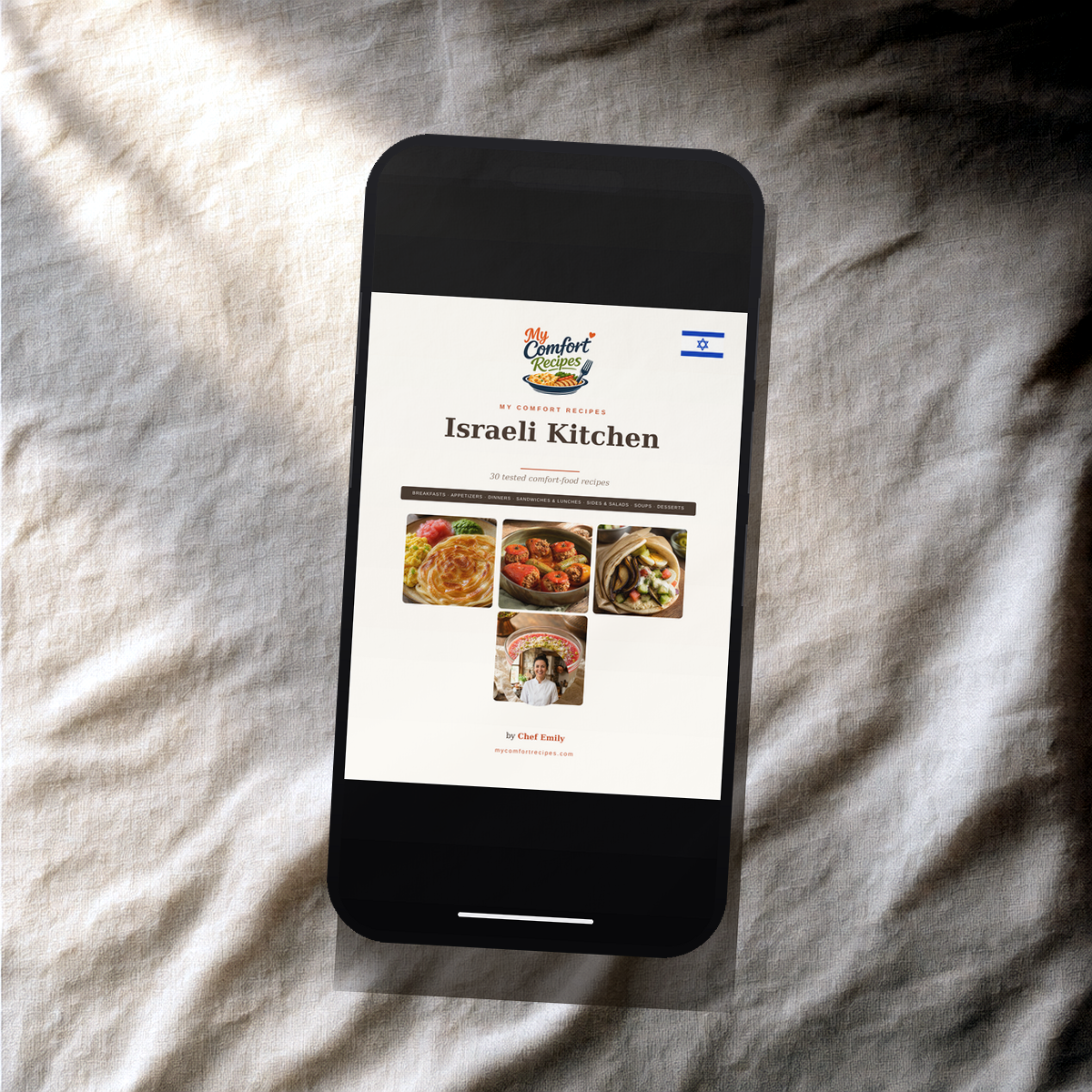 Israeli Kitchen PDF recipe book — cover on a smartphone