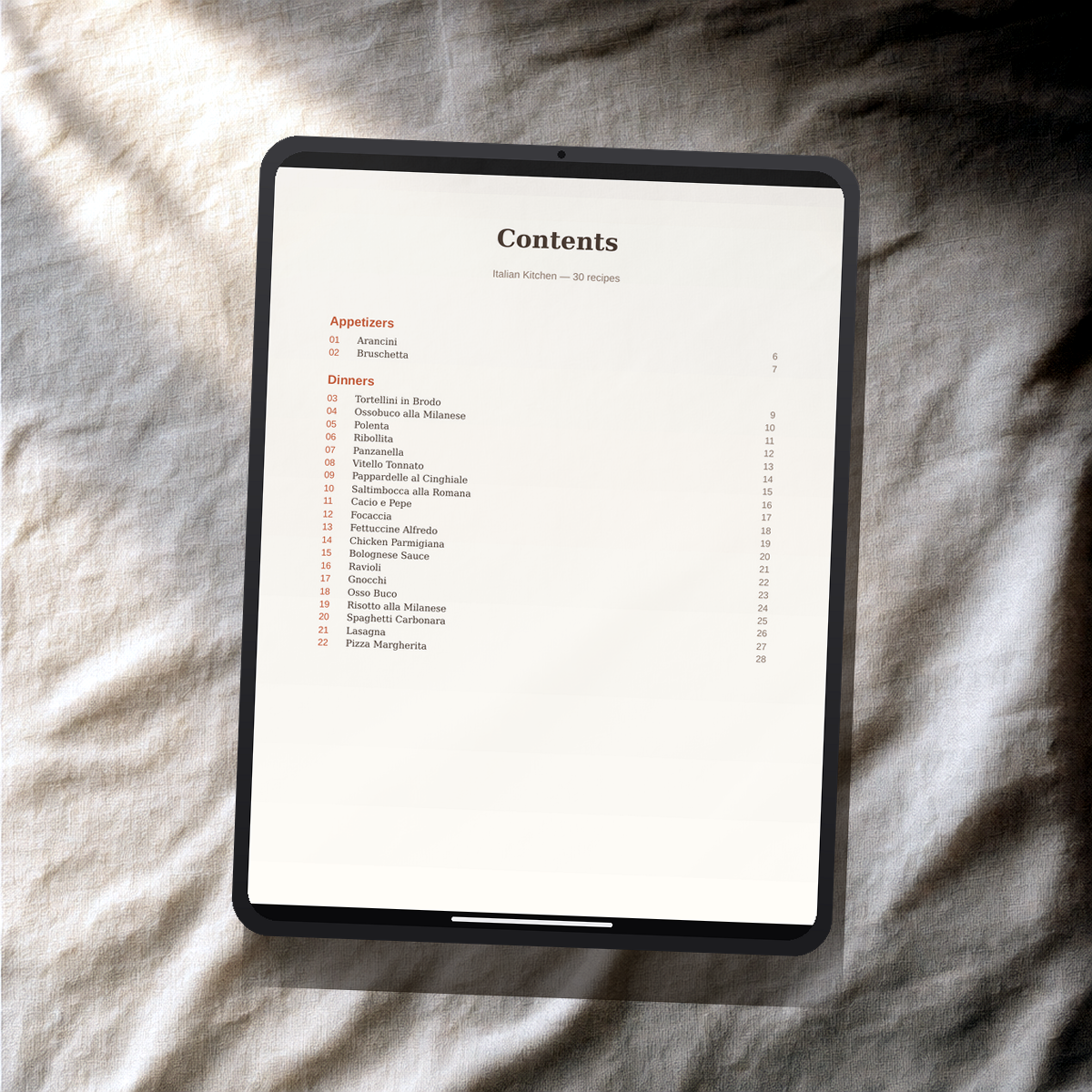 Italian Kitchen PDF recipe book — contents page on a tablet