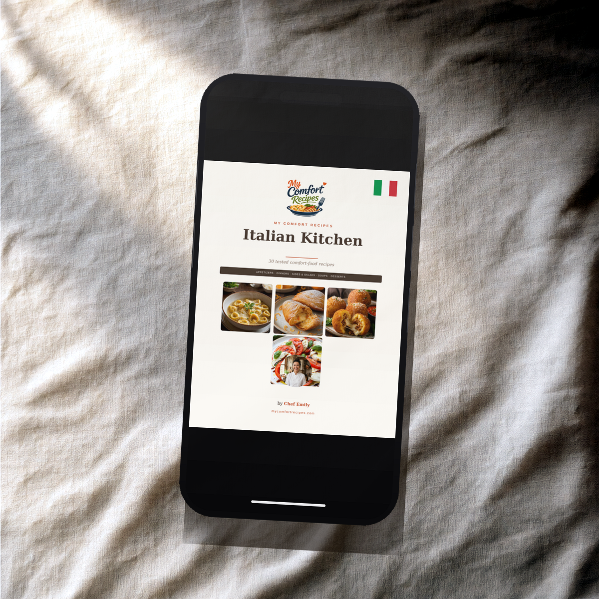 Italian Kitchen PDF recipe book — cover on a smartphone