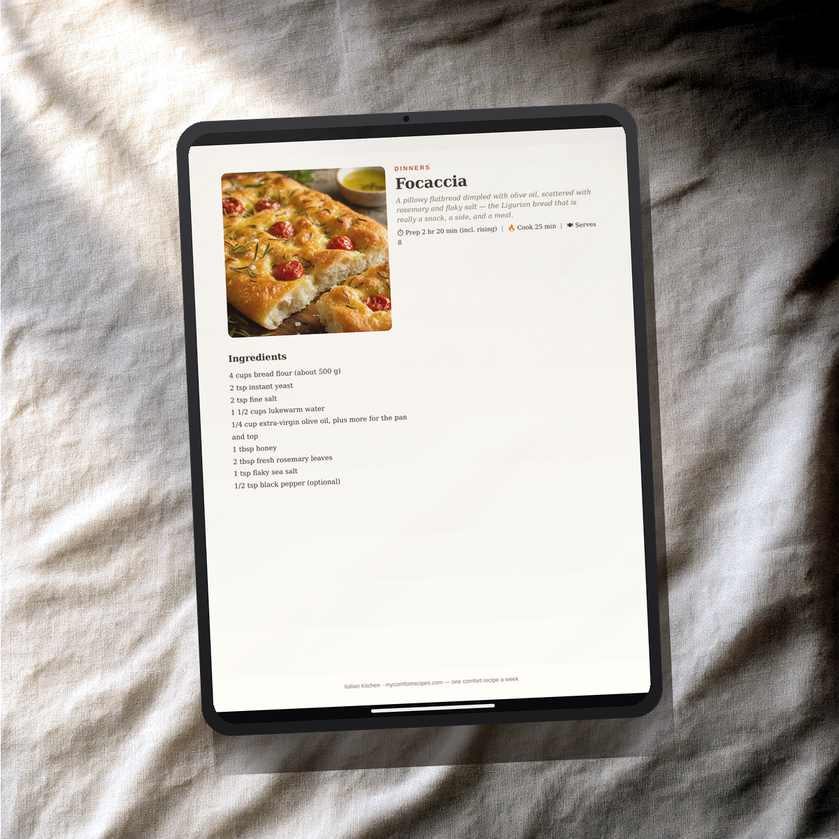 Italian Kitchen PDF recipe book — Focaccia recipe on a tablet