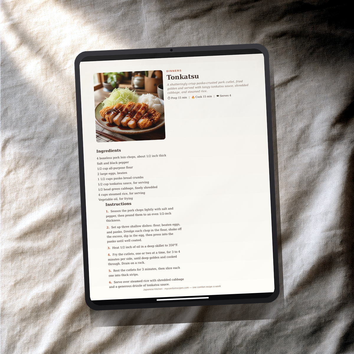 Japanese Kitchen PDF recipe book — Tonkatsu recipe on a tablet