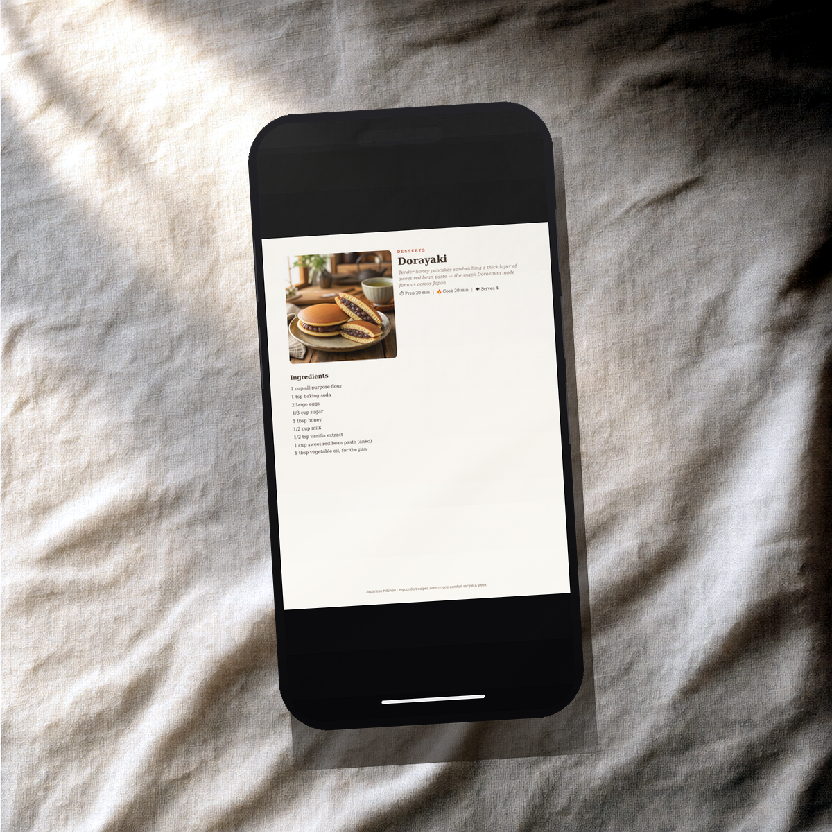 Japanese Kitchen PDF recipe book — Dorayaki recipe on a smartphone