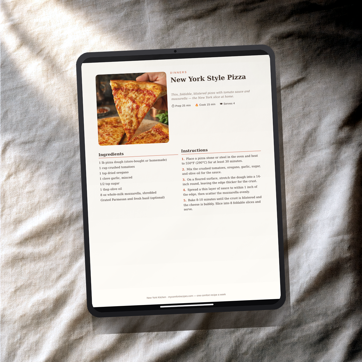 New York Kitchen PDF recipe book — New York Style Pizza recipe on a tablet