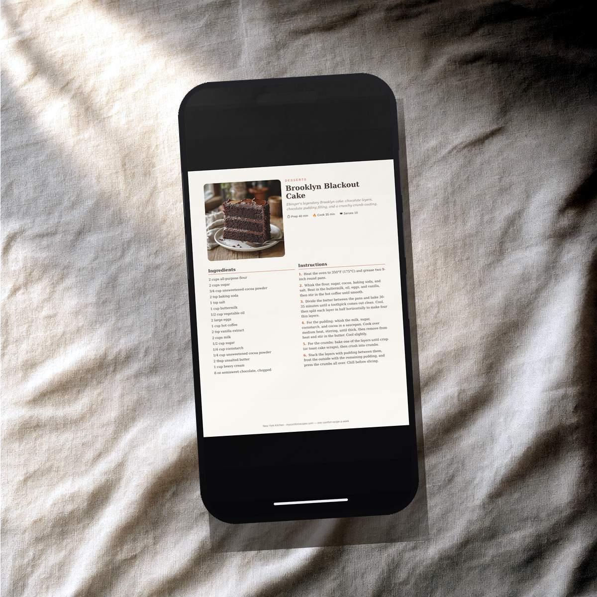 New York Kitchen PDF recipe book — Brooklyn Blackout Cake recipe on a smartphone