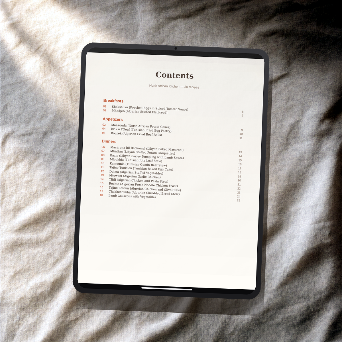 North African Kitchen PDF recipe book — contents page on a tablet