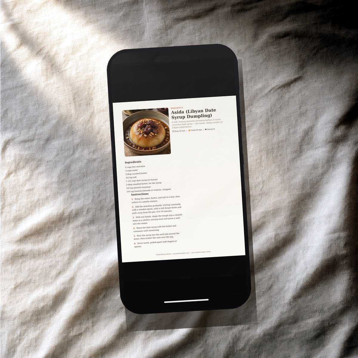 North African Kitchen PDF recipe book — Asida (Libyan Date recipe on a smartphone