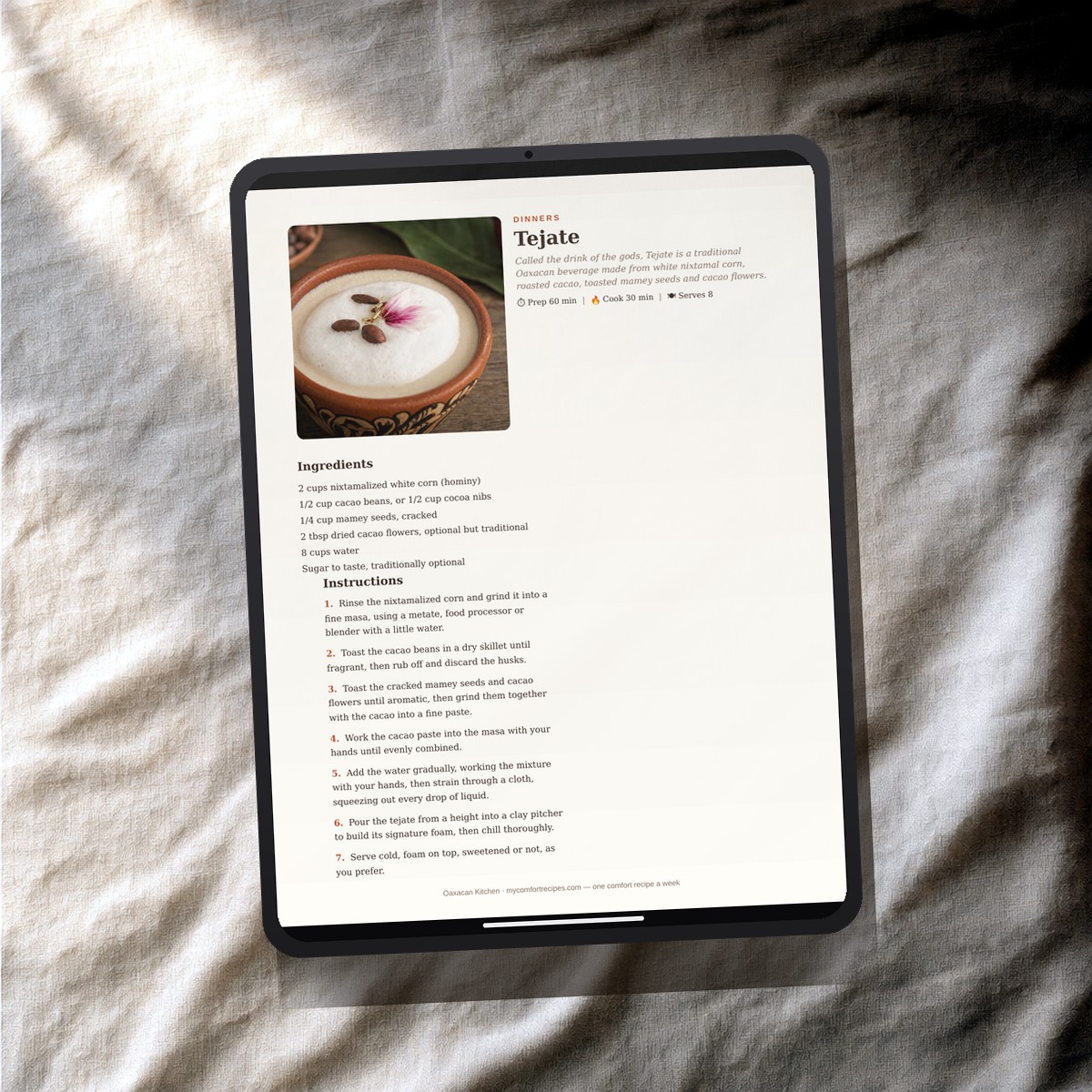 Oaxacan Kitchen PDF recipe book — Tejate recipe on a tablet
