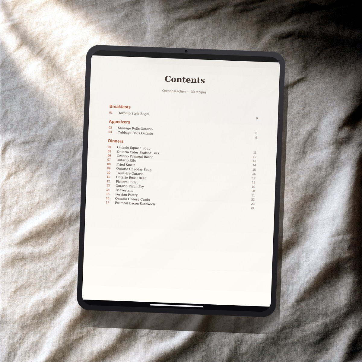 Ontario Kitchen PDF recipe book — contents page on a tablet