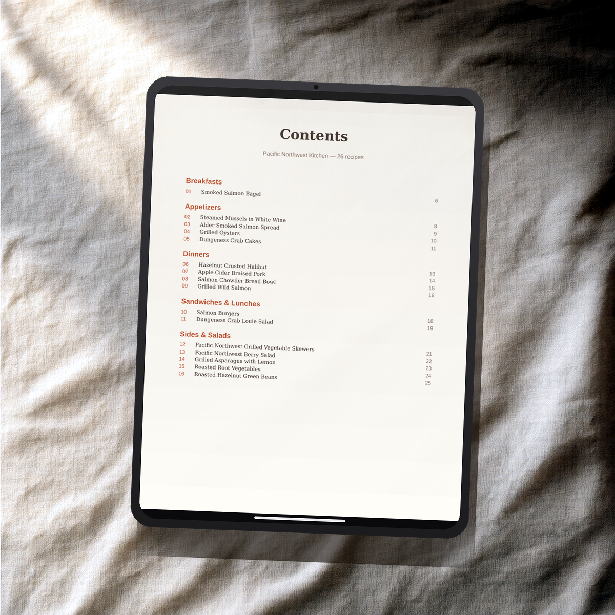 Pacific Northwest Kitchen PDF recipe book — contents page on a tablet