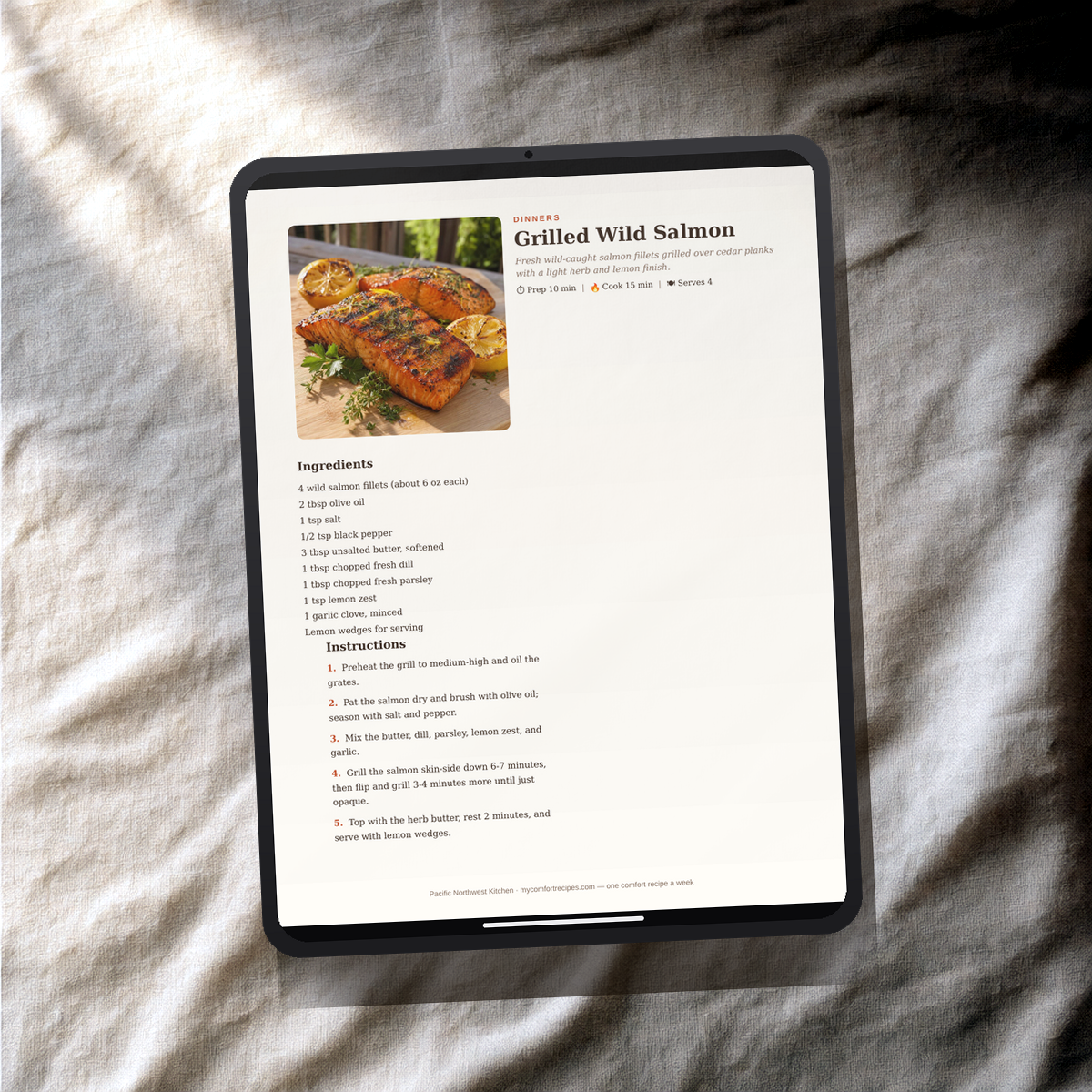 Pacific Northwest Kitchen PDF recipe book — Grilled Wild Salmon recipe on a tablet
