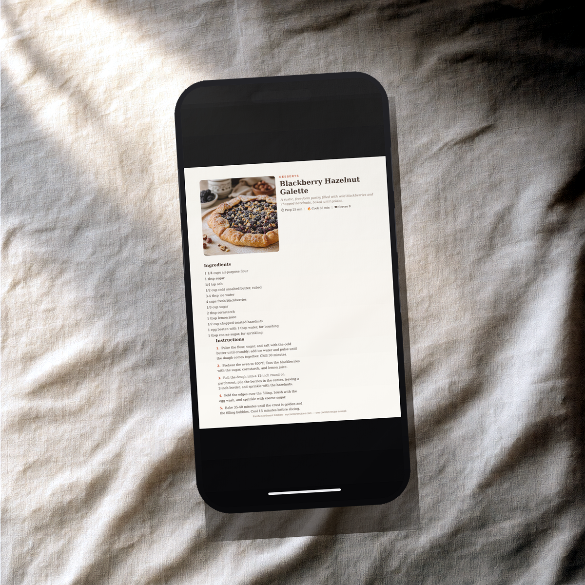 Pacific Northwest Kitchen PDF recipe book — Blackberry Hazelnut recipe on a smartphone