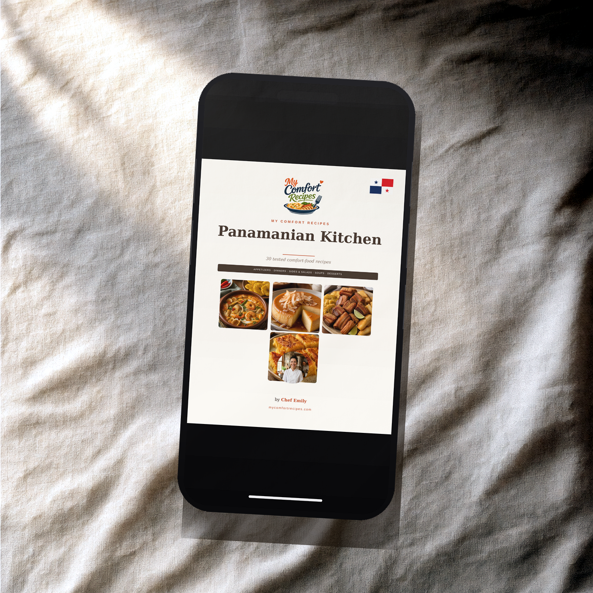 Panamanian Kitchen PDF recipe book — cover on a smartphone