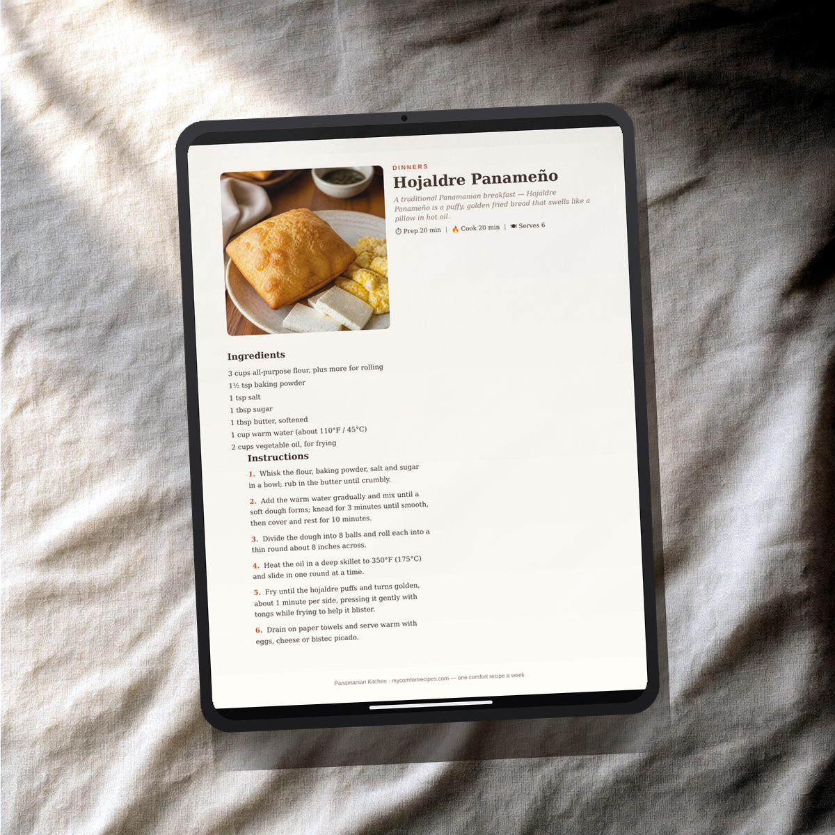 Panamanian Kitchen PDF recipe book — Hojaldre Panameño recipe on a tablet