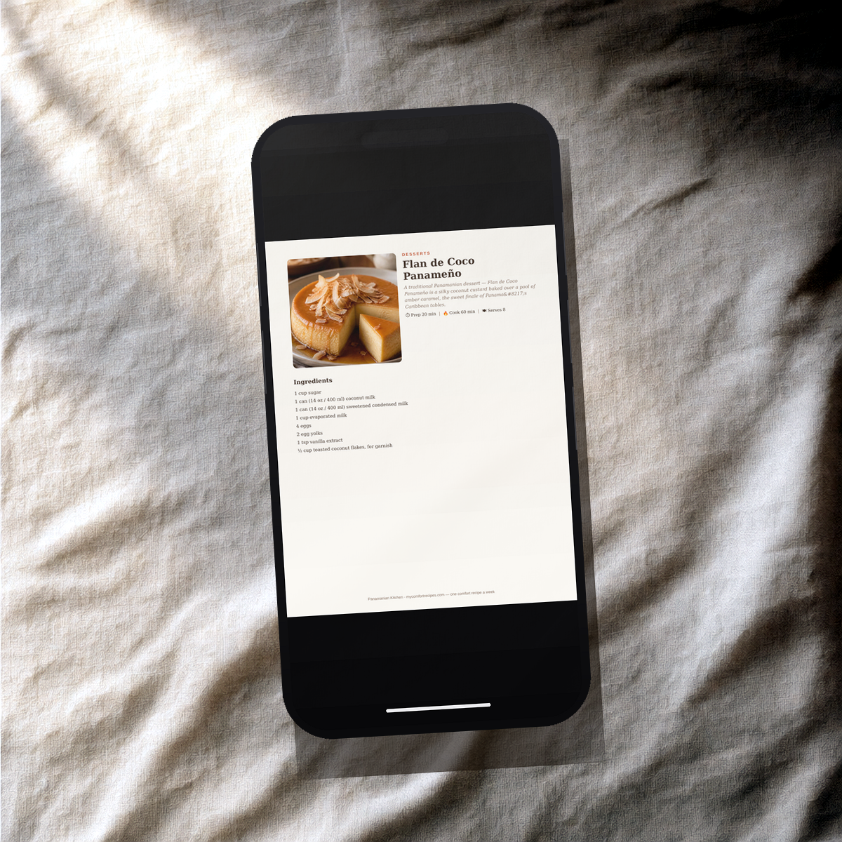 Panamanian Kitchen PDF recipe book — Flan de Coco recipe on a smartphone