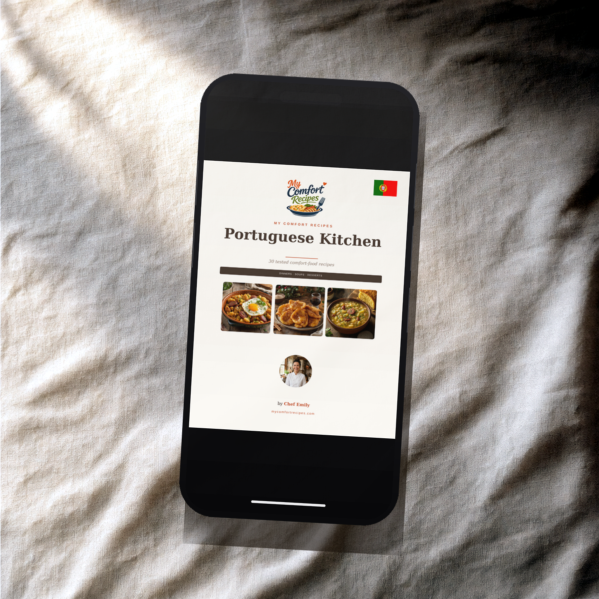 Portuguese Kitchen PDF recipe book — cover on a smartphone