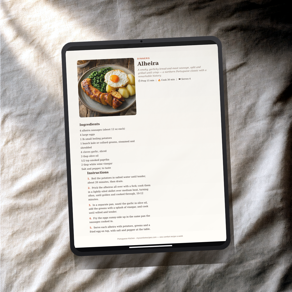 Portuguese Kitchen PDF recipe book — Alheira recipe on a tablet