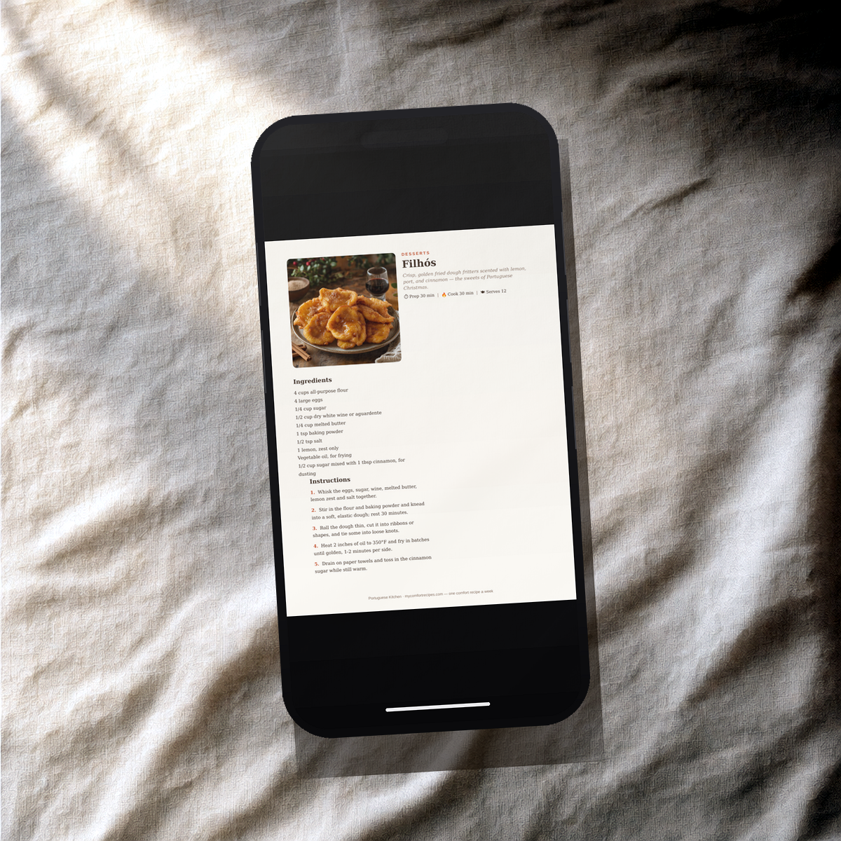 Portuguese Kitchen PDF recipe book — Filhós recipe on a smartphone