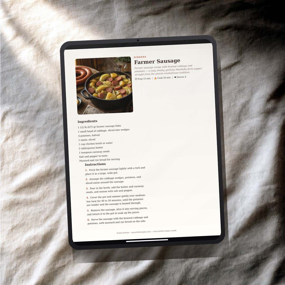 Prairie Kitchen PDF recipe book — Farmer Sausage recipe on a tablet