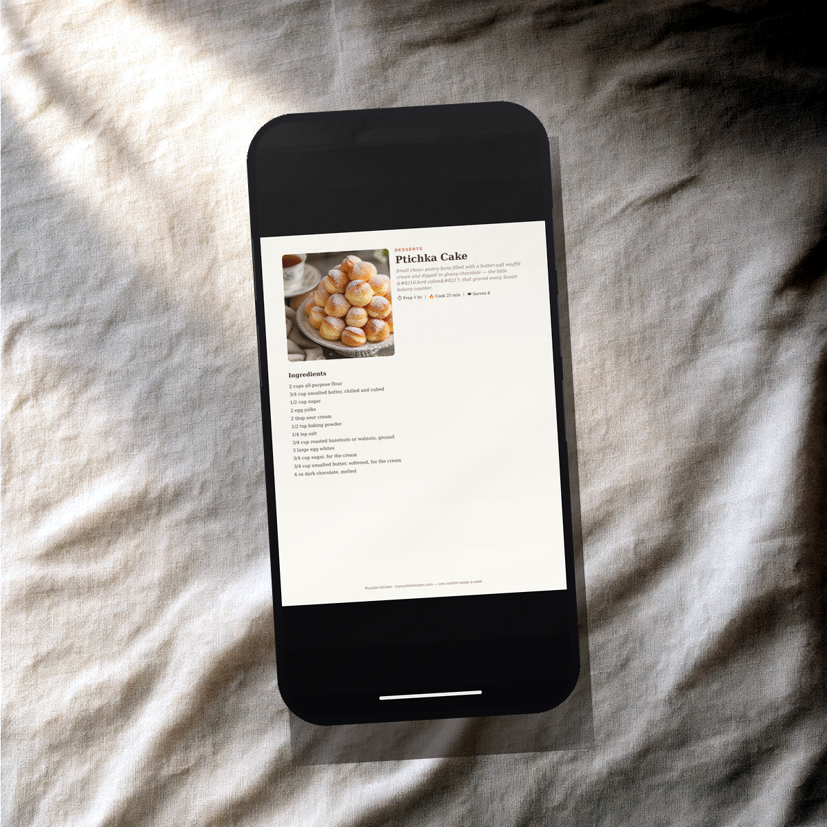 Russian Kitchen PDF recipe book — Ptichka Cake recipe on a smartphone